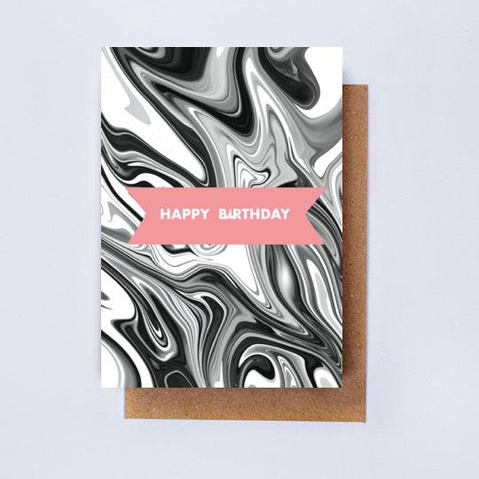 Happy Birthday Greetings Card- Black and White Marble - Folk Like These